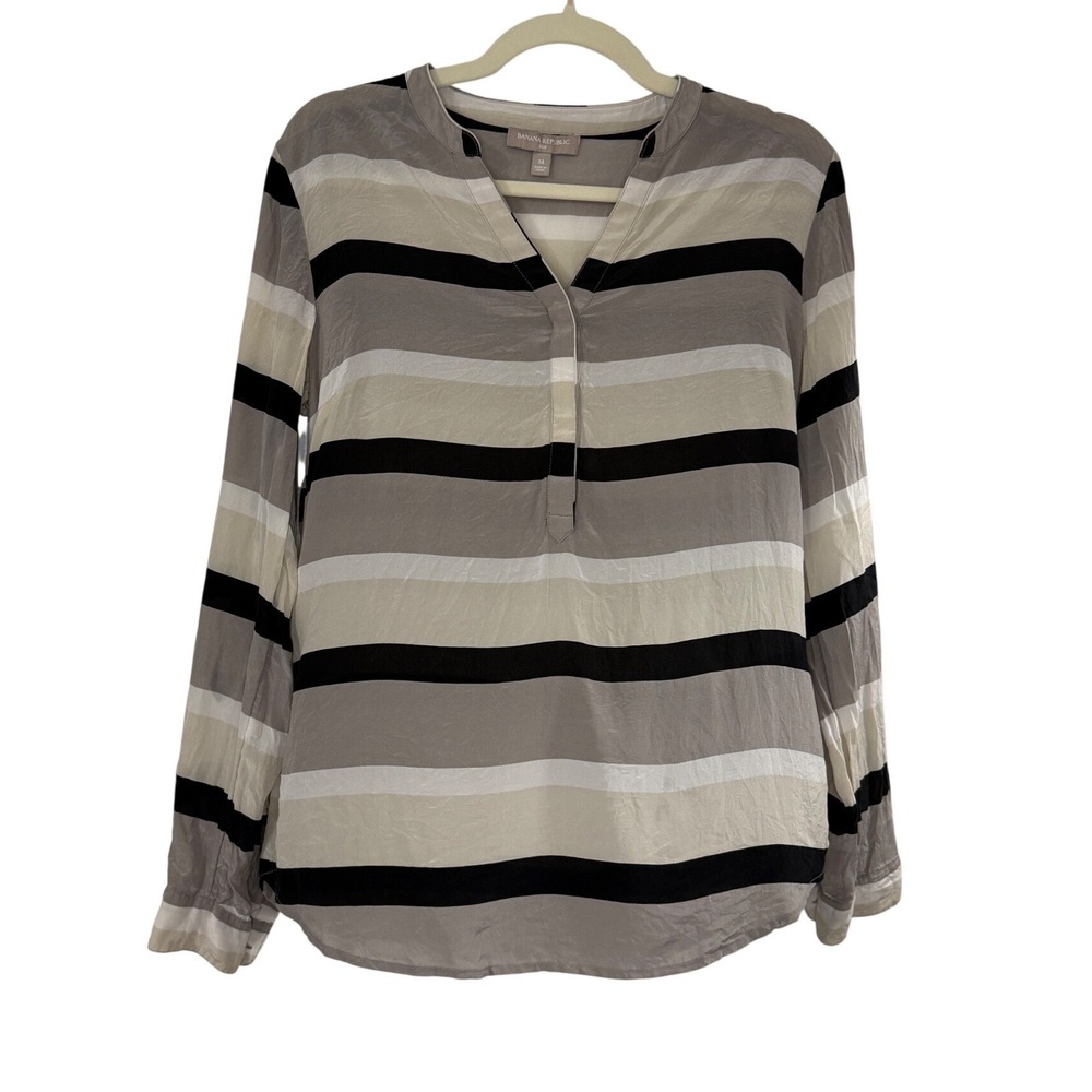 Banana Republic Silk Blouse Size M Grey Stripe Split Neck Long Sleeve Excellent